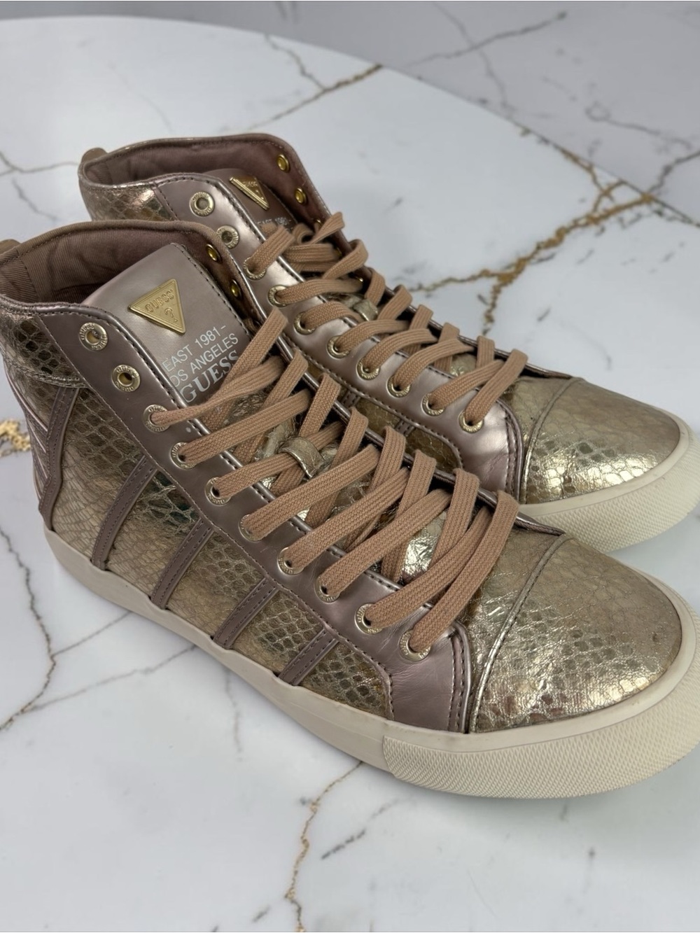 GUESS Metallic Gold and Tan High-Top Fashion Sneakers - Women's